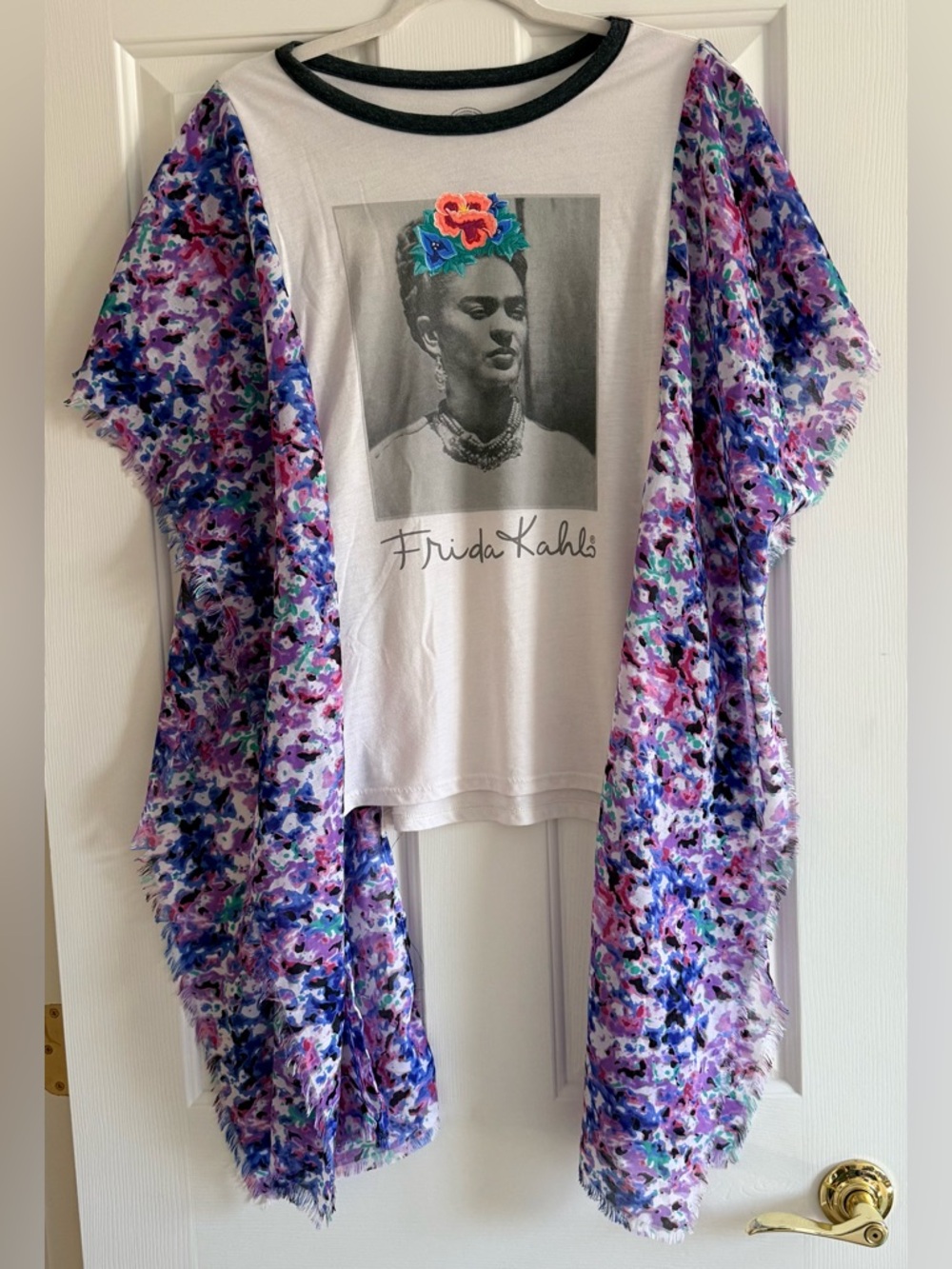 Frida Kahlo Custom Upcycled Kimono Poncho Top OSFM OOAK Graphic Tee Purple Blue - Picture 2 of 4